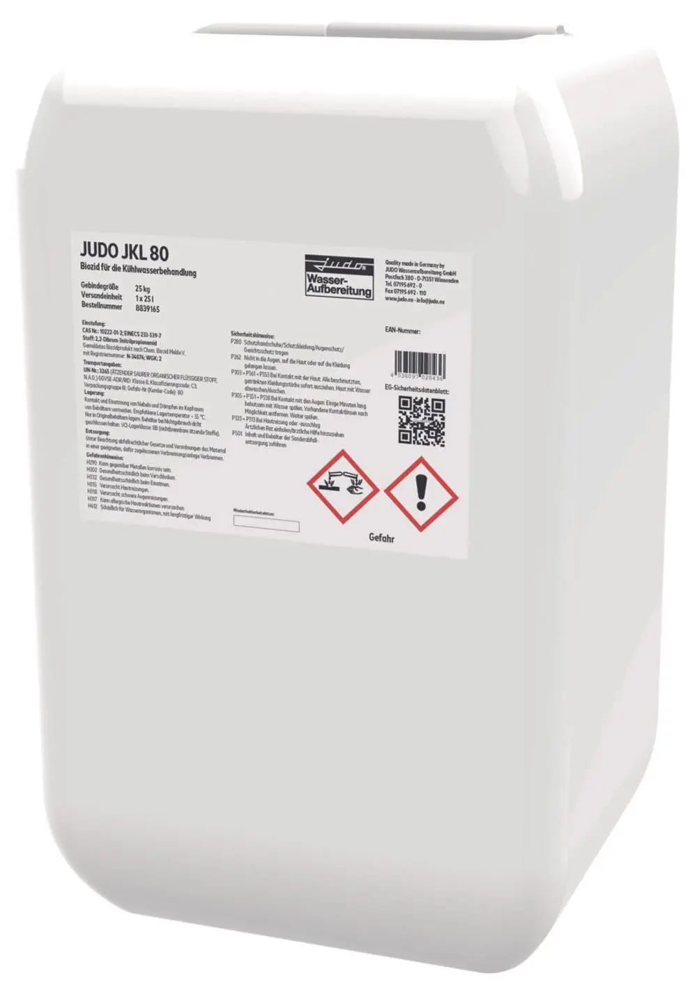Weißer Behälter mit Sicherheitswarnungen und Produktinformationen von Judo zur Behandlung von Kühlwasser, 25 kg Inhalt.
